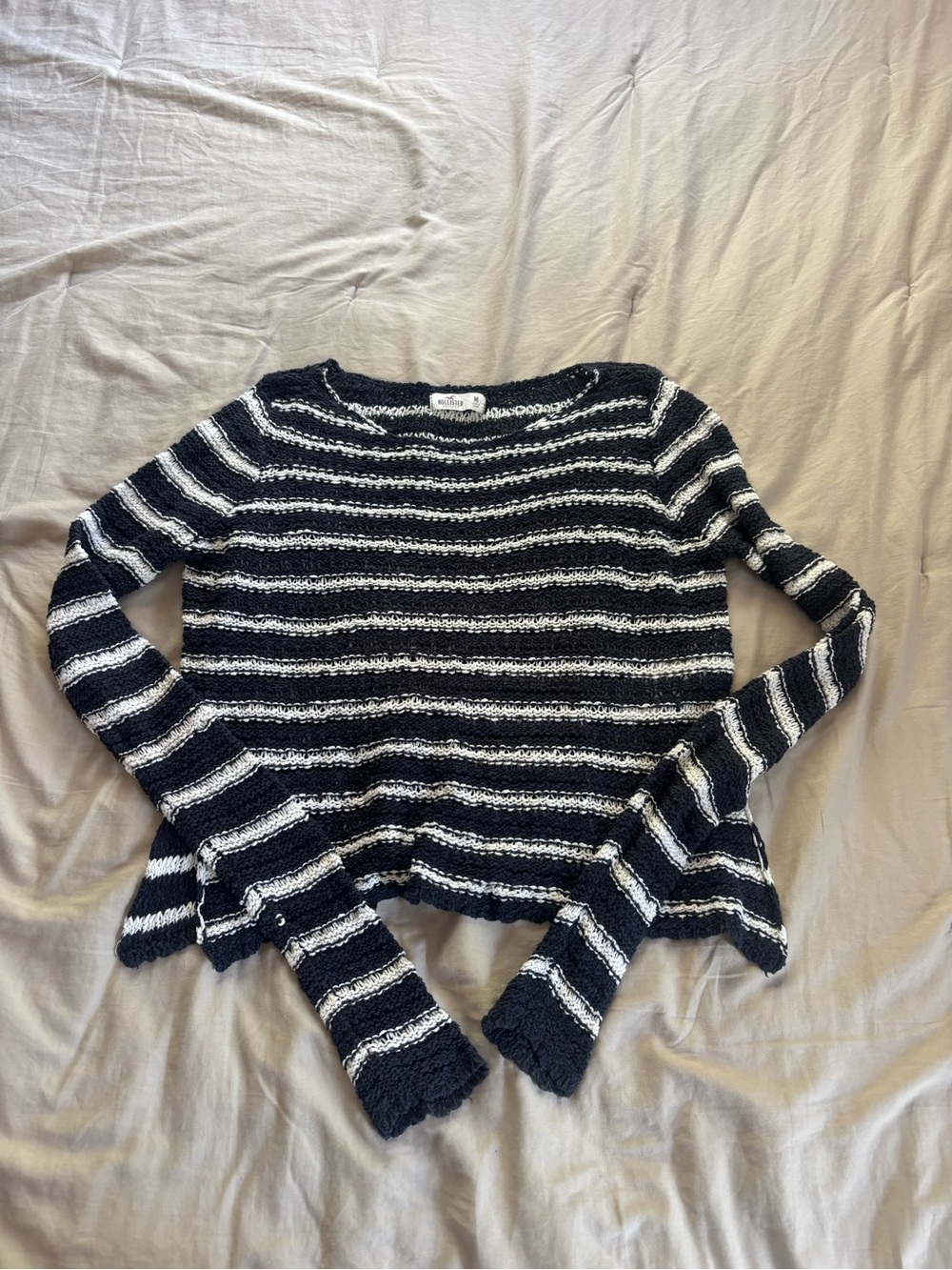 Hollister Navy and White Striped Cropped Sweater